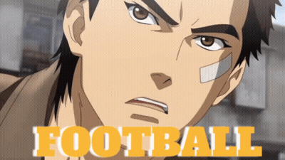 A Close Up Of A Man 'S Face With The Word Football In Yellow Letters GIF