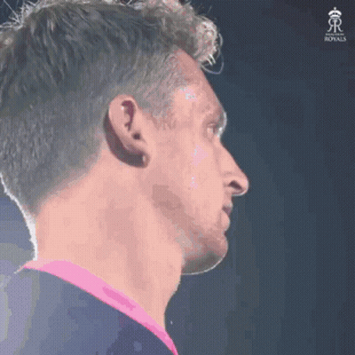 A Close Up Of A Man 'S Face With The Word Royals On The Bottom Right GIF