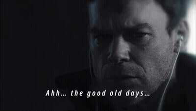 A Close Up Of A Man 'S Face With The Words Ahh The Good Old Days Below Him GIF