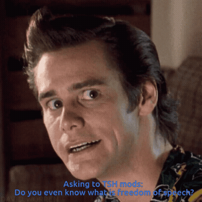 A Close Up Of A Man 'S Face With The Words " Asking To Tsh Mods Do You Even Know What Is Freedom Of Speech " GIF