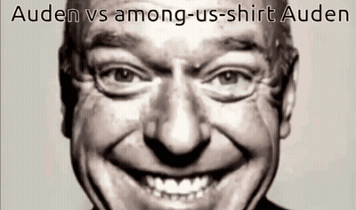 A Close Up Of A Man 'S Face With The Words Auden Vs Among-Us-Shirt Auden Below It GIF