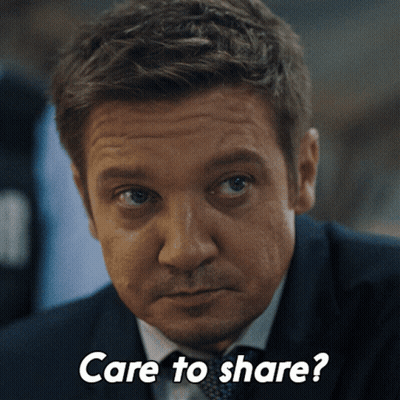 A Close Up Of A Man 'S Face With The Words Care To Share Below Him GIF