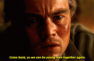 A Close Up Of A Man 'S Face With The Words Come Back So We Can Be Young Men Together Again Below Him GIF