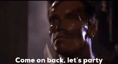A Close Up Of A Man 'S Face With The Words Come On Back Let 'S Party Written Below Him . GIF