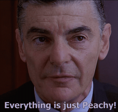 A Close Up Of A Man 'S Face With The Words Everything Is Just Peachy Below Him GIF