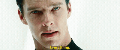 A Close Up Of A Man 'S Face With The Words `` Everything '' Written On The Bottom . GIF