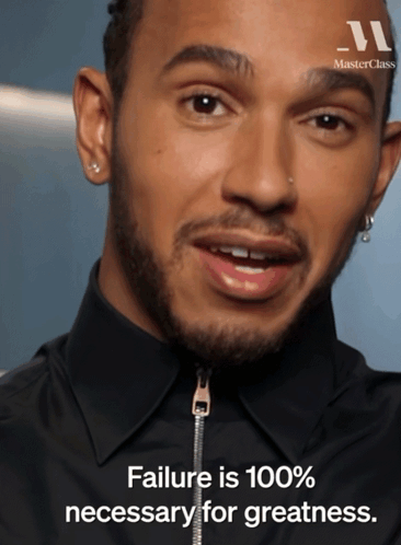 A Close Up Of A Man 'S Face With The Words " Failure Is 100 % Necessary For Greatness " Next To Him GIF