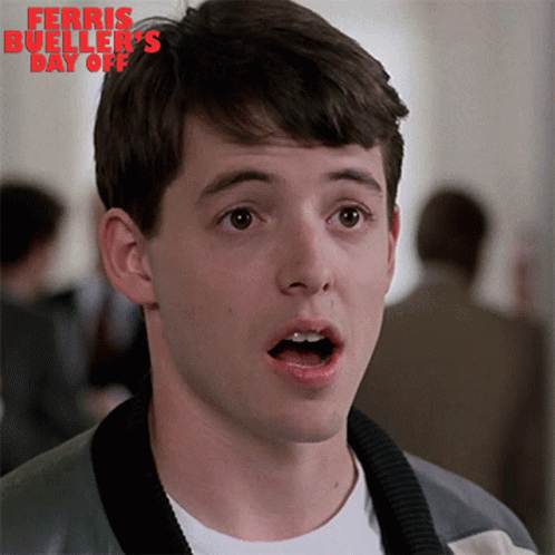 A Close Up Of A Man 'S Face With The Words Ferris Bueller 'S Day Off In Red GIF