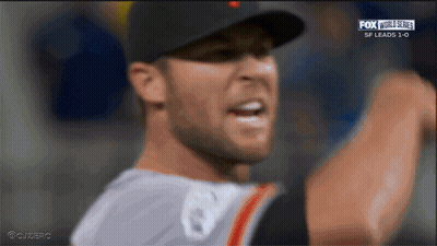 A Close Up Of A Man 'S Face With The Words Fox World Series Sf Leads 1-0 GIF