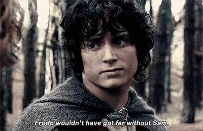 A Close Up Of A Man 'S Face With The Words `` Frodo Wouldn 'T Have Got Far Without Sam '' GIF