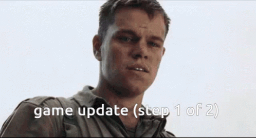 A Close Up Of A Man 'S Face With The Words Game Update ( Step 1 Of 2 ) Written On The Bottom . GIF