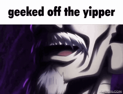 A Close Up Of A Man 'S Face With The Words " Geeked Off The Yipper " Above It . GIF