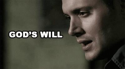 A Close Up Of A Man 'S Face With The Words God 'S Will Written Above Him GIF