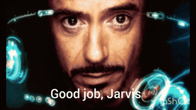 A Close Up Of A Man 'S Face With The Words " Good Job Jarvis " Below It GIF