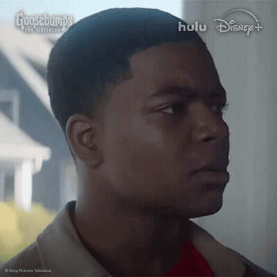 A Close Up Of A Man 'S Face With The Words Goosebumps On The Bottom Left GIF