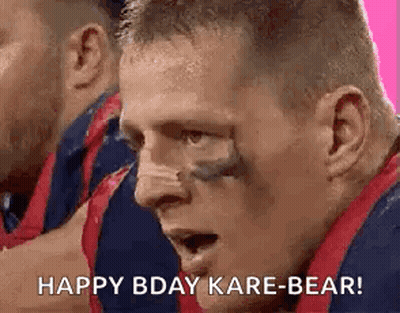 A Close Up Of A Man 'S Face With The Words `` Happy Bday Kare-Bear '' . GIF