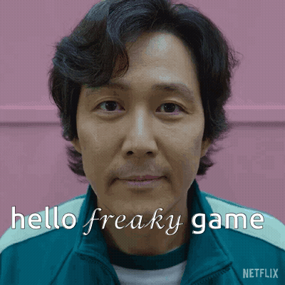 A Close Up Of A Man 'S Face With The Words Hello Freaky Game On The Bottom GIF
