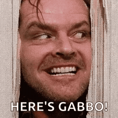A Close Up Of A Man 'S Face With The Words `` Here 'S Gabbo ! '' GIF