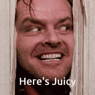 A Close Up Of A Man 'S Face With The Words Here 'S Juicy Above Him GIF