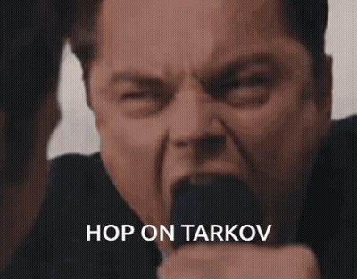 A Close Up Of A Man 'S Face With The Words Hop On Tarkov Written Below Him GIF