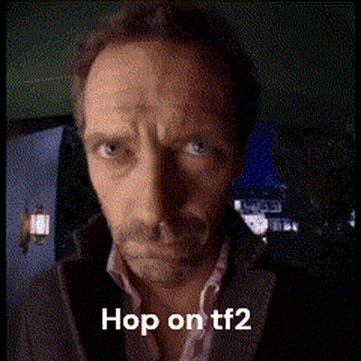 A Close Up Of A Man 'S Face With The Words Hop On Tf2 Below It GIF
