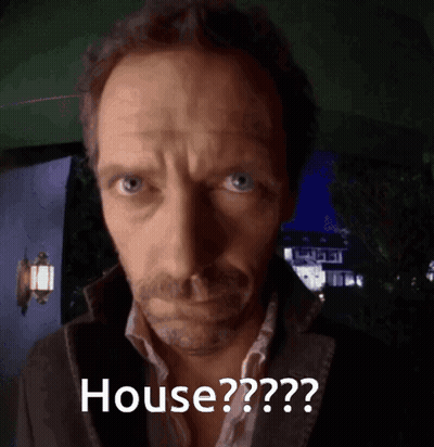 A Close Up Of A Man 'S Face With The Words House Written Below It GIF