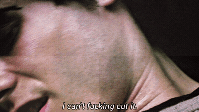 A Close Up Of A Man 'S Face With The Words " I Can T Fucking Cut It " GIF
