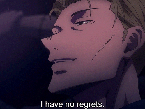 A Close Up Of A Man 'S Face With The Words " I Have No Regrets " Below Him GIF