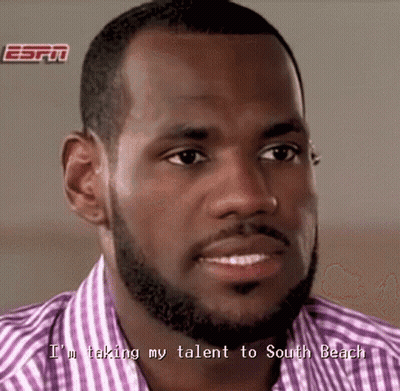 a close up of a man 's face with the words i 'm taking my talent to south beach