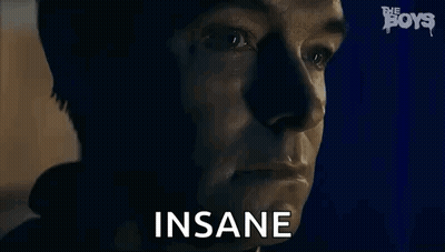 A Close Up Of A Man 'S Face With The Words `` Insane '' Written Next To Him . GIF