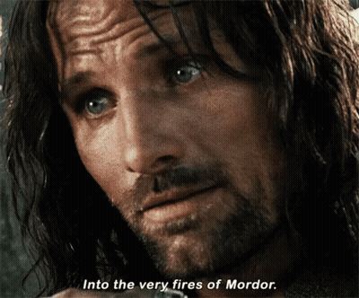A Close Up Of A Man 'S Face With The Words Into The Very Fires Of Mordor GIF