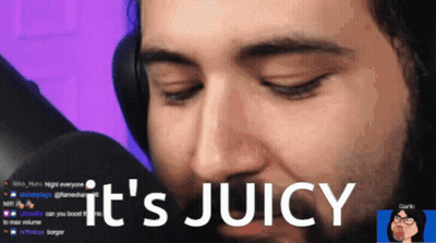 A Close Up Of A Man 'S Face With The Words " It 'S Juicy " Above Him GIF