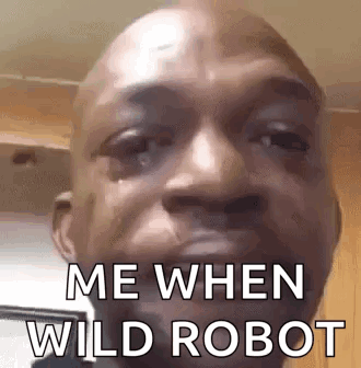 A Close Up Of A Man 'S Face With The Words `` Me When Wild Robot '' On It . GIF