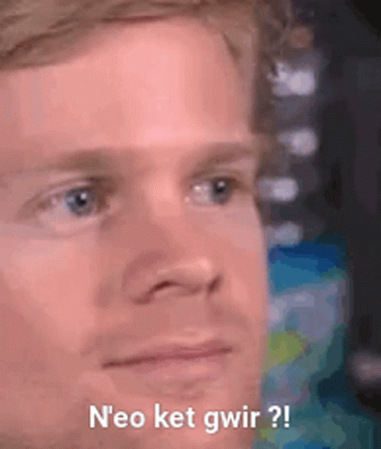 A Close Up Of A Man 'S Face With The Words `` N'eo Ket Gwir ? '' Written Below It . GIF