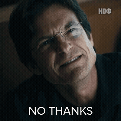 A Close Up Of A Man 'S Face With The Words " No Thanks " On The Bottom GIF