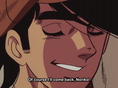 A Close Up Of A Man 'S Face With The Words Of Course I 'Ll Come Back Noriko GIF
