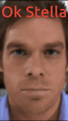 A Close Up Of A Man 'S Face With The Words Ok Stella Written Above It GIF