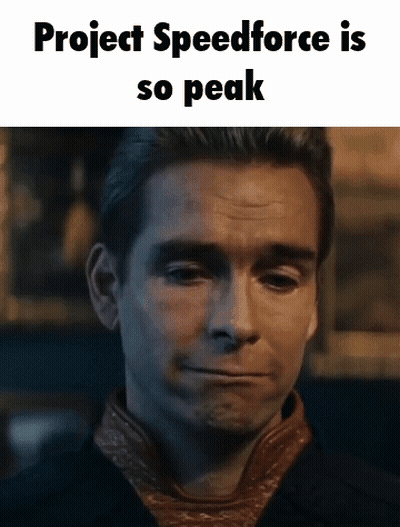 A Close Up Of A Man 'S Face With The Words Project Speedforce Is So Peak Written Above Him . GIF