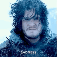 A Close Up Of A Man 'S Face With The Words `` Sadness '' Written On It . GIF