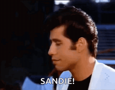 a close up of a man 's face with the words `` sandie '' written on it .