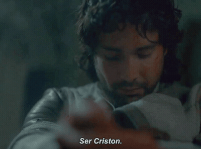 A Close Up Of A Man 'S Face With The Words " Ser Criston " On The Bottom GIF