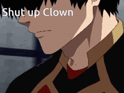 A Close Up Of A Man 'S Face With The Words Shut Up Clown Written Above Him GIF