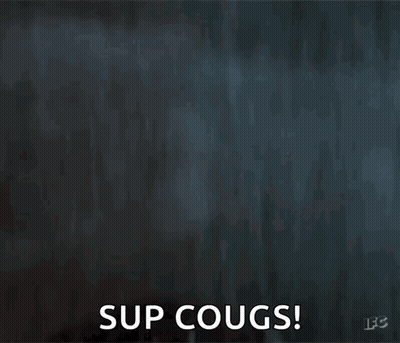 A Close Up Of A Man 'S Face With The Words Sup Cougs GIF