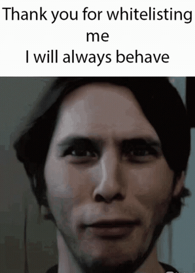 A Close Up Of A Man 'S Face With The Words " Thank You For Whitelisting Me I Will Always Behave " GIF