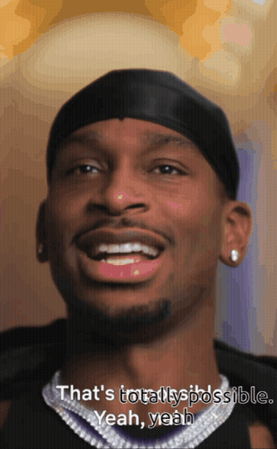 A Close Up Of A Man 'S Face With The Words That 'S Totally Possible Yeah Yeah On The Bottom GIF
