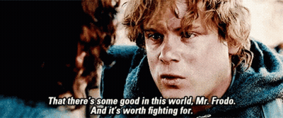 A Close Up Of A Man 'S Face With The Words That There 'S Some Good In This World Mr. Frodo GIF