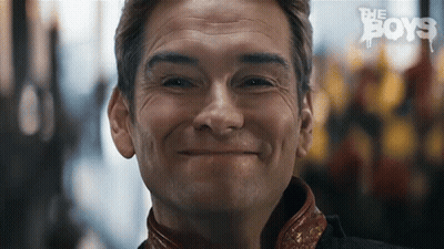 A Close Up Of A Man 'S Face With The Words The Boys Written On The Bottom GIF