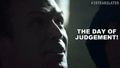 A Close Up Of A Man 'S Face With The Words " The Day Of Judgement " On The Bottom GIF