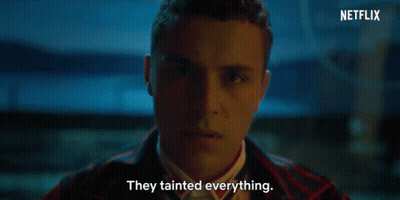 A Close Up Of A Man 'S Face With The Words They Tainted Everything Next To Him GIF