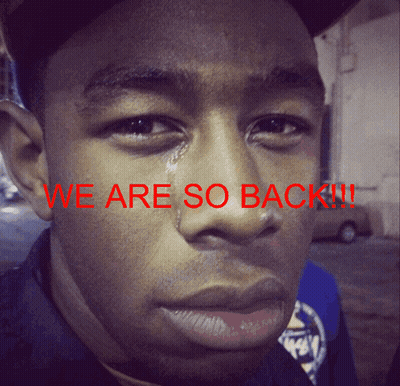 A Close Up Of A Man 'S Face With The Words We Are So Back Written In Red GIF